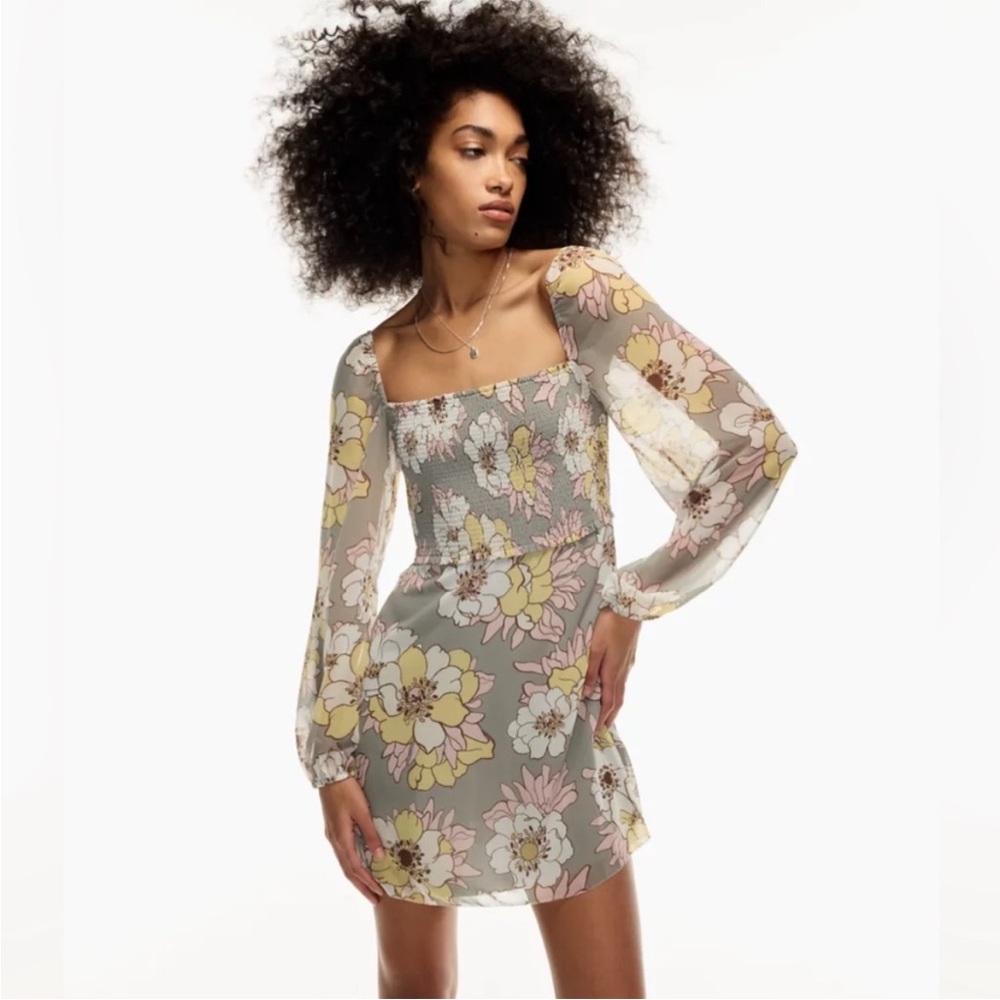 Aritzia Wilfred Villa Smocked Full Sleeve Chiffon Mini Dress Basalt Floral dress